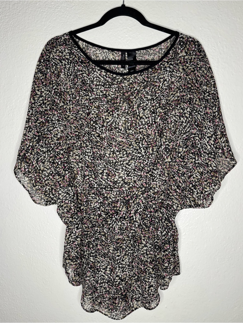 Bisou Bisou Black Floral Printed Sheer Blouse Cinched Waist Sz L